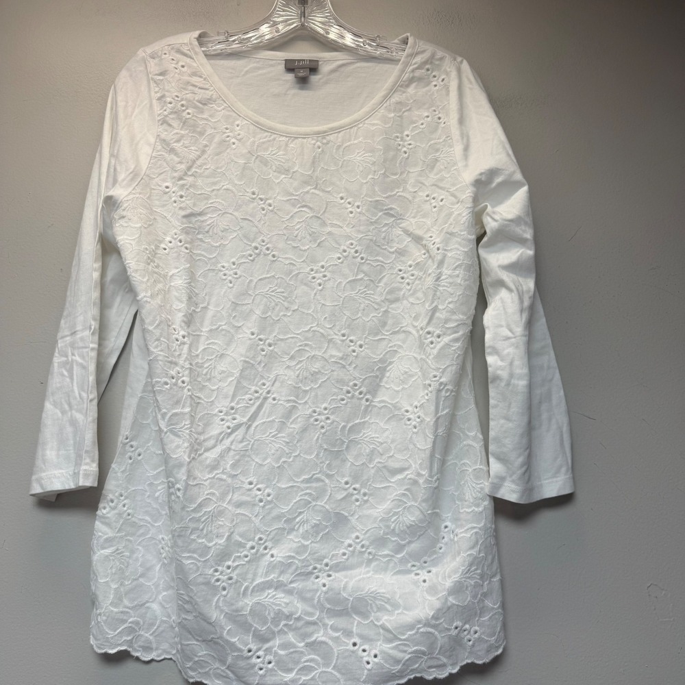 J. Jill Tunic Top Womens Medium White Excellent Floral Eyelet 3/4 Sleeve Cotton
